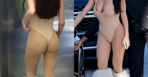 Bianca Censori parece la gemela de Kim Kardashian con un body color piel y botas de piel hasta la rodilla.