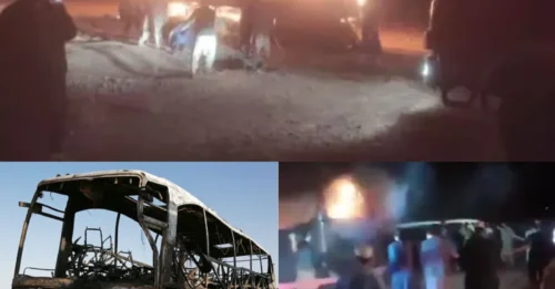 Al menos 17 niños entre las 76 personas muertas después de un terrible accidente que dejó un autobús en llamas tras chocar con un camión y una motocicleta.