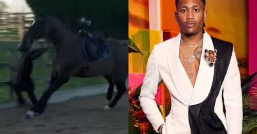 A chilling scream echoed through the stands as the Love Island star suffered a horrific accident beneath a horse’s hooves