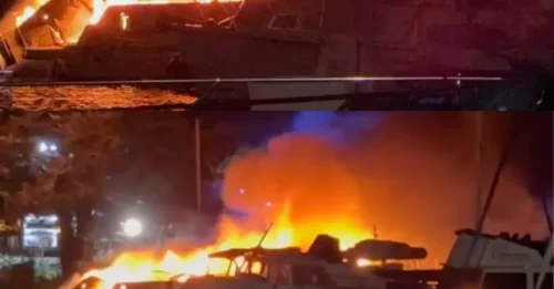Momento impactante: enorme incendio y múltiples explosiones estallan en un popular puerto deportivo antes de que dos barcos se hundan