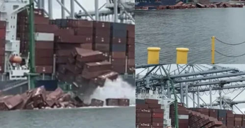 Momento impactante: más de 60 contenedores de carga se caen de un buque de carga y se estrellan en el mar como fichas de dominó gigantes.