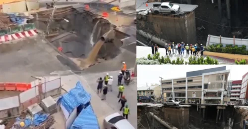 Momento aterrador: un socavón gigante amenaza con tragarse un hospital entero mientras devora lentamente la carretera y los coches desaparecen de la vista.