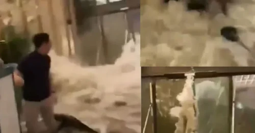 Aterrador momento en que un muro de agua irrumpe en un hotel cuando el supertifón 